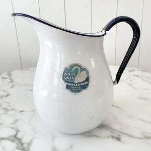 Vintage White Blue Enamelware Pitcher w/ Original White Swan Paper Label 9" Tall